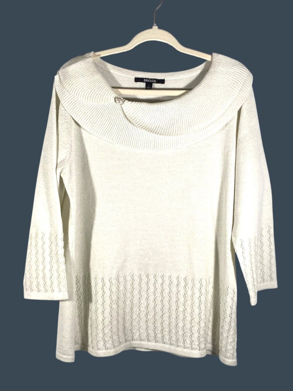 Briggs Cowl Neck & Decorative Button Size L Shimmer Metallic crochet sweater